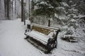 A birdhouse on a bench covered with fresh snow