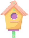 Birdhouse, bird feeder. The birdhouse is yellow in color.