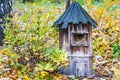 A birdhouse for birds from brown old boards is on a soil with green and yellow leaves