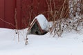 Birdhouse covered with snow