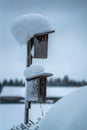 Birdhouse covered with snow outdoor