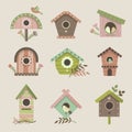 Birdhouse. Decorative colored wooden homes for flying birds garden vintage castles on tree recent vector illustrations