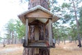 Birdhouse for feeding birds in a Park or in a pine forest a cozy nice house for birds
