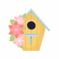 Flat illustration of a wooden birdhouse with blooming pink flowers. Spring decor. Royalty Free Stock Photo