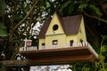 Birdhouse house on tree with 'for rent' sign