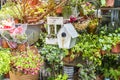 Birdhouse nestles among spring flowers