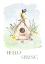 Watercolor Card With Birdhouse, Titmouse, Willows, Flowers, Spring Greens And Leaves, Hello Spring