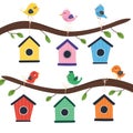 Birdhouse tree with cute birds. Nesting box set in cartoon style