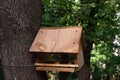 Birdhouse on tree trunk. Hand made wooden bird feeder Royalty Free Stock Photo