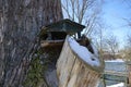 Birdhouse on a tree by the Wuhle river in snowy winter. Marzahn-Hellersdorf, Berlin, Germany