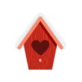 Birdhouse under snow. Red wooden nesting box. Starling house. Flat, cartoon, vector