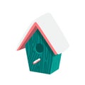 Birdhouse under snow. Sea green wooden nesting box. Starling house. Flat, cartoon, vector