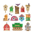 Birdhouse vector cartoon birdbox and birdie wooden house illustration set of birds singing birdsongs in decorative house