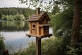 birdhouse with view of peaceful lake, surrounded by tall trees Royalty Free Stock Photo