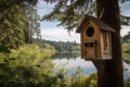 birdhouse with view of peaceful lake, surrounded by tall trees Royalty Free Stock Photo
