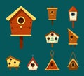 birdhouse. wooden outdoor birdhouse for flying chirps sparrows birds and vector cartoon set isolated