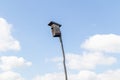 Birdhouse on a wooden stick against the blue sky with clouds