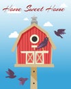 Birdhouses with flying birds poster vector illustration. Home sweet home. Nesting boxes to hang on tree. Wooden colorful Royalty Free Stock Photo