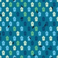 Birdhouses seamless vector pattern on teal