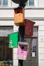 Birdhouses in a street in Flekkefjord, Norway