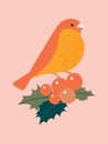 Winter birdie with holly berries on a pink vertical background. Christmas cute banner.
