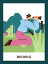 Birding or birds watching as hobby and eco activity banner, flat vector.