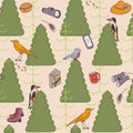 Birding seamless pattern. Birds and birdwatcher equipment on forest background. Royalty Free Stock Photo