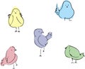 Set simple birds doodle outline color hand drawn, sketch.