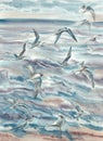 Birds above the stormy sea watercolor landscape Royalty Free Stock Photo