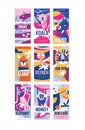 Birds and animals poster set, design element with snake, koala, rhino, llama, ostrich, lion, elephant, monkey, bird can