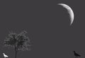 Birds bird illustration against single bare leafless tree and half moon silhouette black, grey and white.