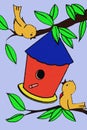 Birds and Birdhouse in a Tree