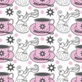 Birds,Birds Tea Cups and Snow-Garden Tea Party. Seamless Repeat Pattern swatch