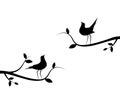 Birds couple silhouette on branch on sunset, vector. Birds in love, cartoon illustration. Wall decals, art decoration Royalty Free Stock Photo