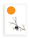 Birds on Branch silhouettes on sunset or full Moon Vector, Wall Decals, Birds on Tree Design, Couple of Birds Silhouette Royalty Free Stock Photo