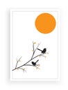 Birds on Branch silhouettes on sunset or full Moon Vector, Wall Decals, Birds on Tree Design, Couple of Birds Silhouette