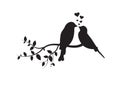 Birds on Branch, Wall Decals, Couple of Birds in Love, Birds Silhouette on branch and Hearts Illustration Royalty Free Stock Photo