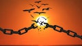 Birds Breaking Chains and Flying Away at sunset. Freedom Concept. Independence, autonomy and Freedom concept