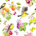 Birds, butterflies, fruits - summer seamless pattern with plum, cherry, apple branches, spring flowers. Watercolor Royalty Free Stock Photo