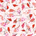 Birds in cherry blossoms flowers seamless vector pattern background. Modern elegant Japanese floral print with robin silhouettes Royalty Free Stock Photo