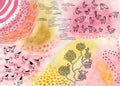 Birds and chickens, traces of bird paw prints drawn with a gel pen. Abstract watercolor hand drawn background in pink and beige co