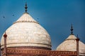 Birds circle over top of marble domes of the adjoining buildings next to Taj Mahal