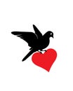 Flying bird silhouette illustration holding big red heart