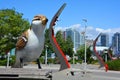Birds comprises a pair of outdoor sculptures depicting sparrows by Myfanwy MacLeod,