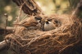 Birds couple sitting nest nature scene. Generate ai