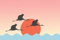 Birds Cranes Storks  flying before Sun over the sea lake Illustration Background Royalty Free Stock Photo