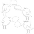 Birds with dialog speech bubble set, line art engraving vector