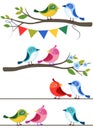 Birds on different branches in vector on white background.