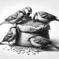 Birds eating grain from a bag on a light background.