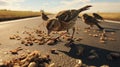 birds eating on road generated by AI tool